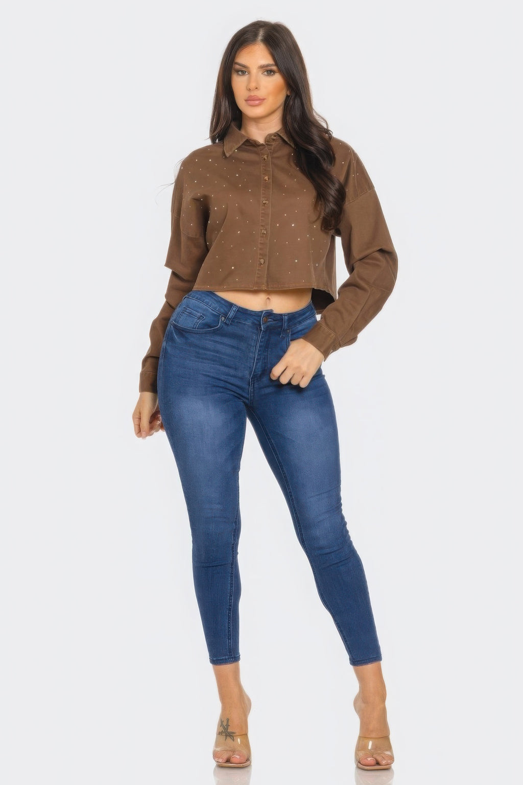 Cropped Rhinestone Denim Shirt -