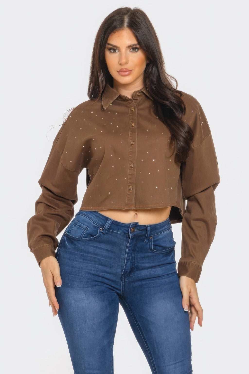 Cropped Rhinestone Denim Shirt - Brown
