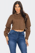 Cropped Rhinestone Denim Shirt - Brown
