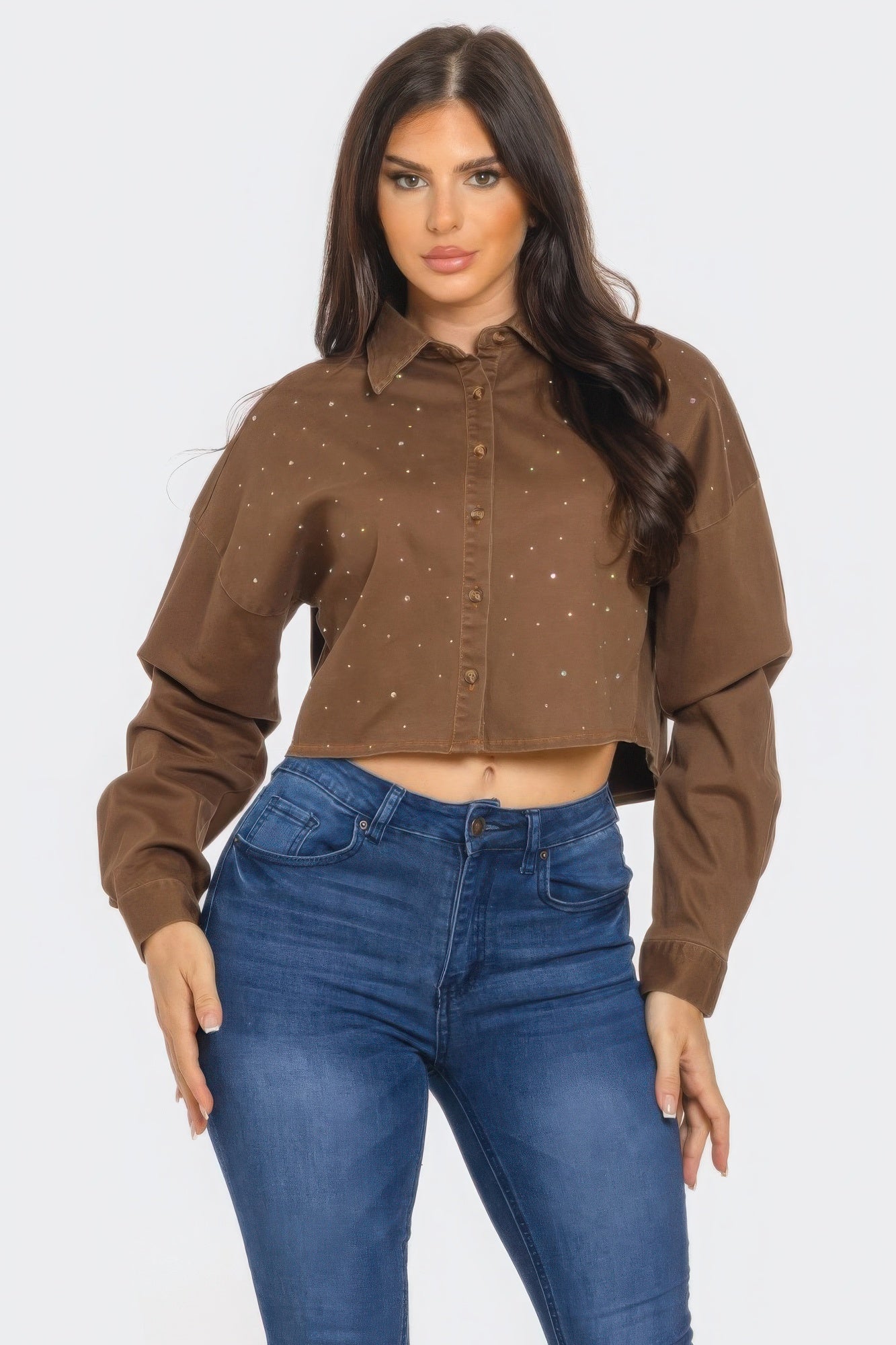 Cropped Rhinestone Denim Shirt - Brown