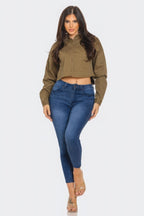 Cropped Rhinestone Denim Shirt -