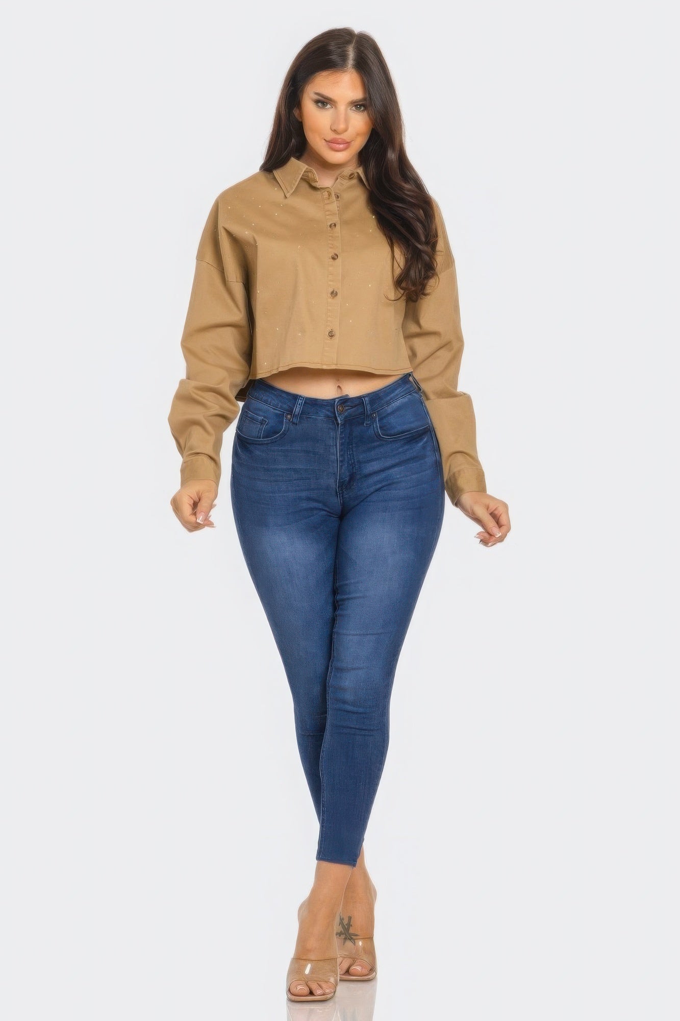 Cropped Rhinestone Denim Shirt -