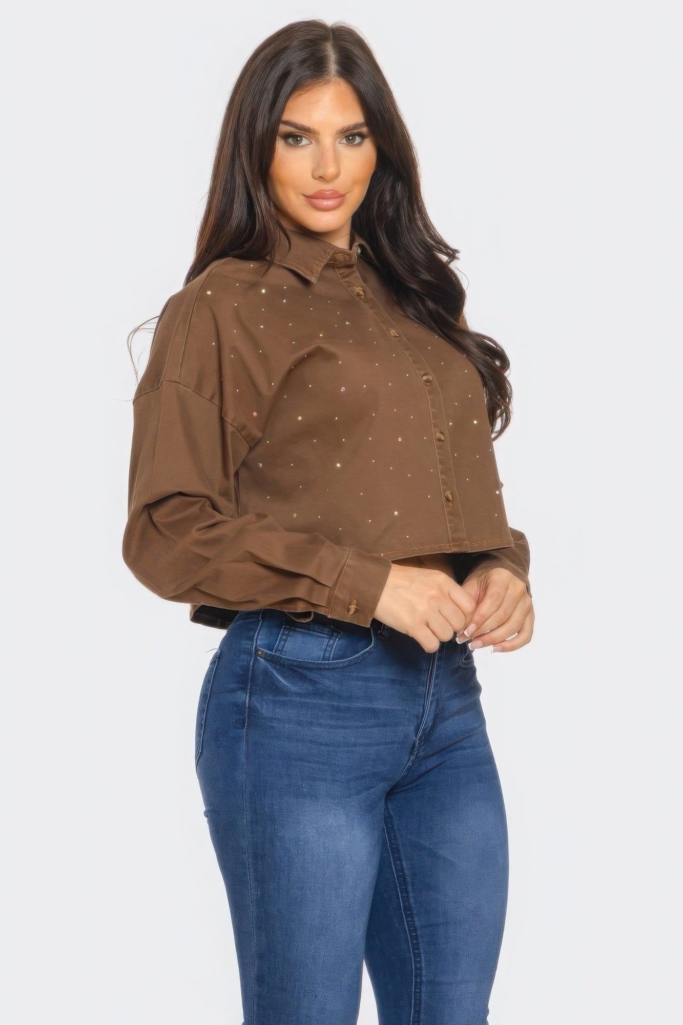 Cropped Rhinestone Denim Shirt -