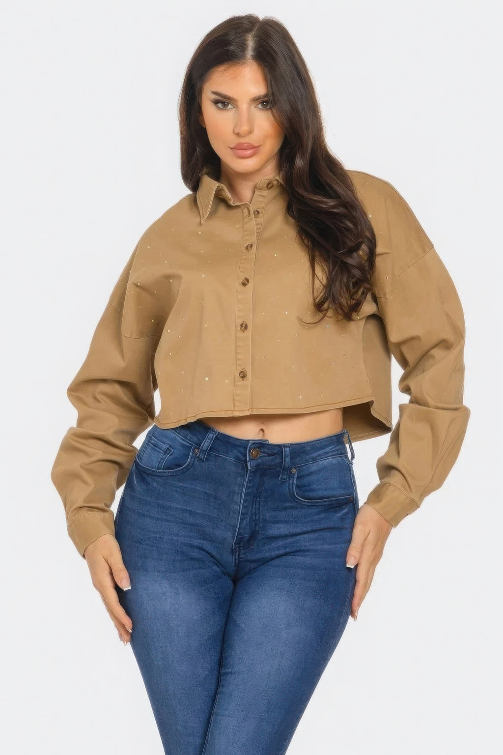 Cropped Rhinestone Denim Shirt - Taupe