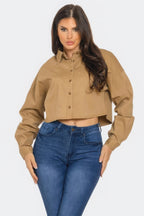 Cropped Rhinestone Denim Shirt - Taupe