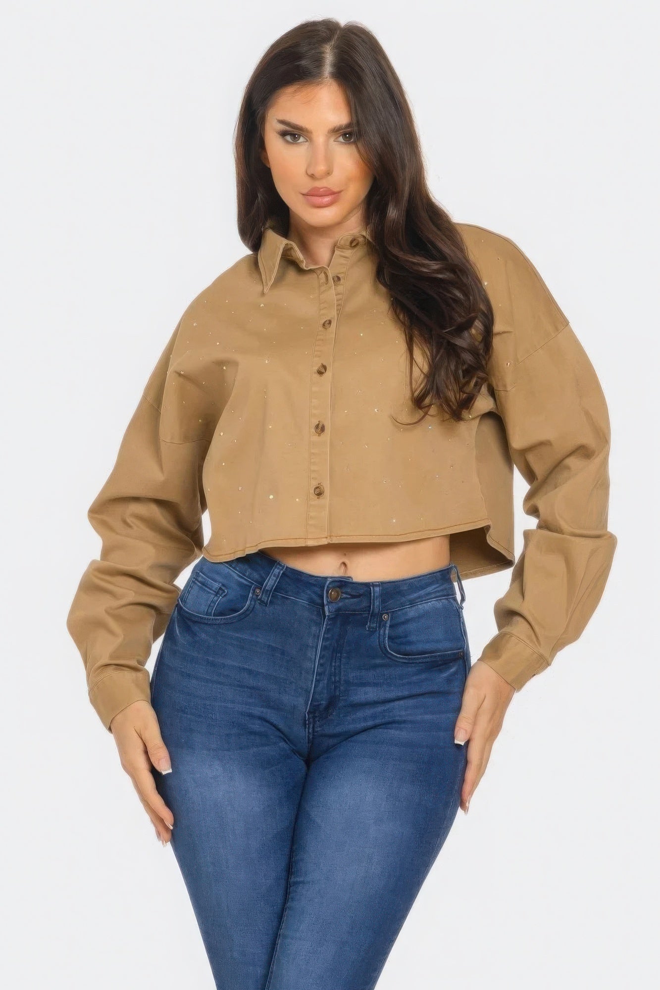 Cropped Rhinestone Denim Shirt - Taupe