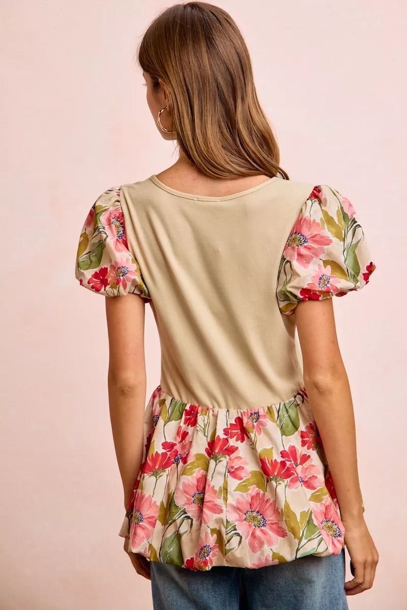 Floral Print Bubble Sleeve Peplum Top -