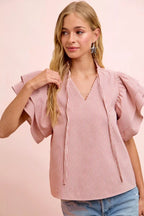 Striped Twill Ruffle Sleeve Blouse -