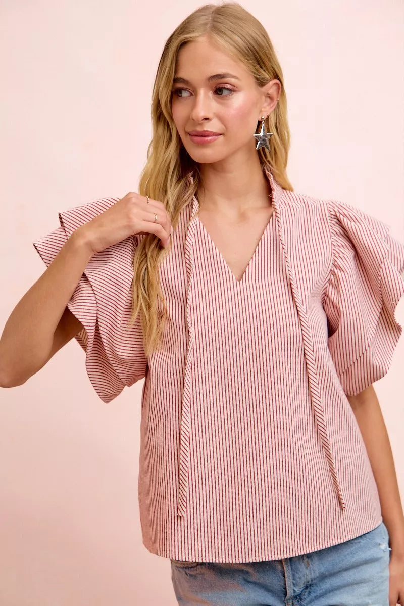 Striped Twill Ruffle Sleeve Blouse -