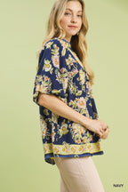 Floral Border Print V-Neck Blouse -