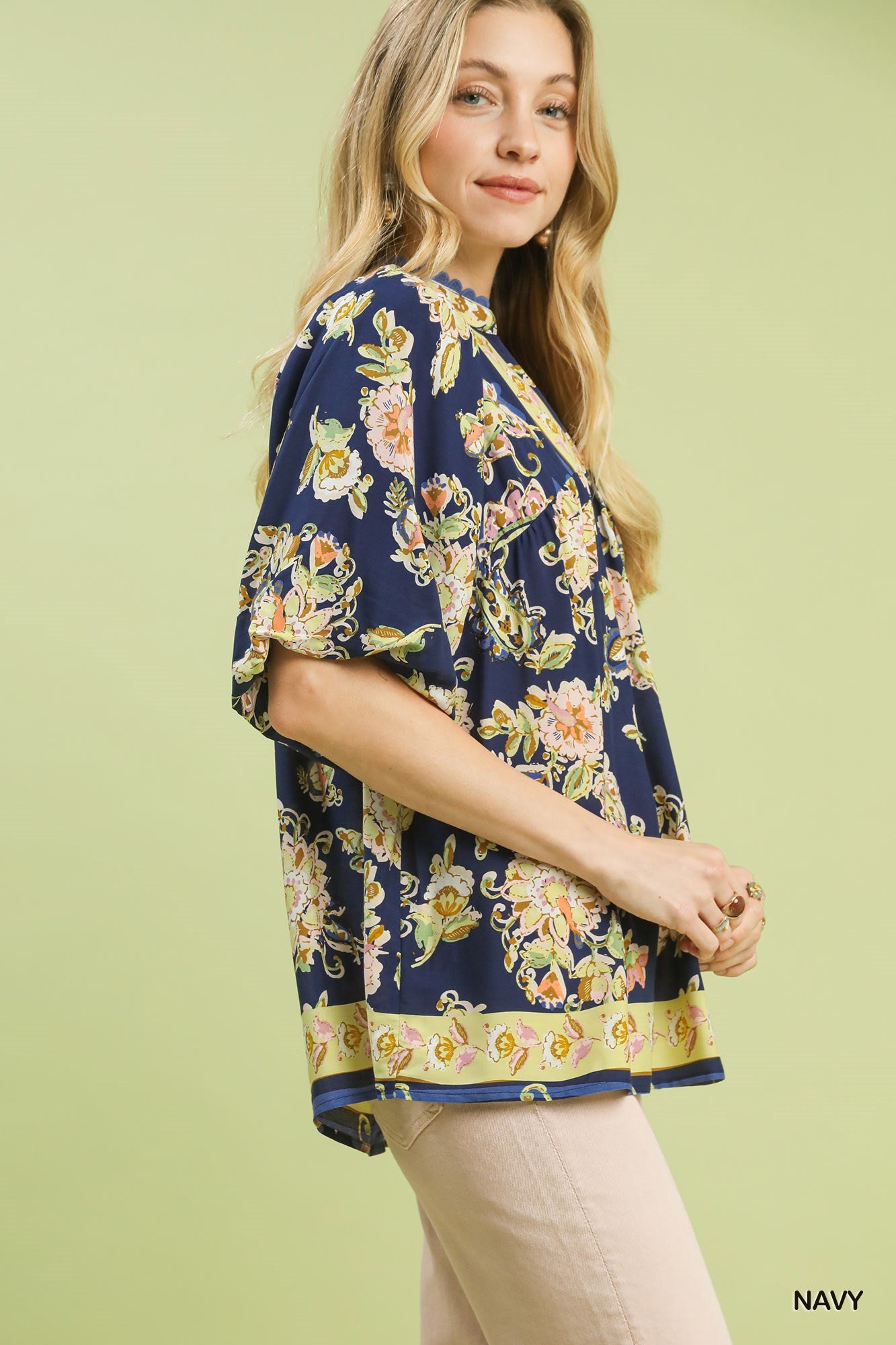 Floral Border Print V-Neck Blouse -