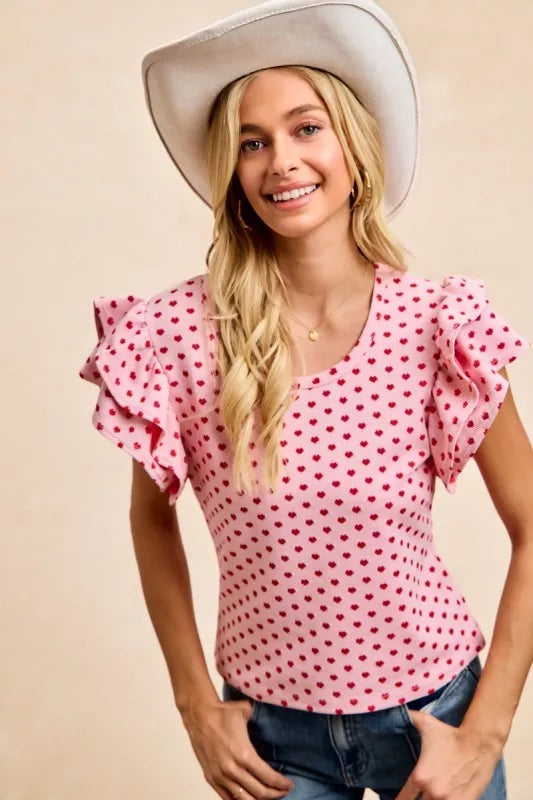 Heart Pattern Knit Ruffled Sleeve Shirt -