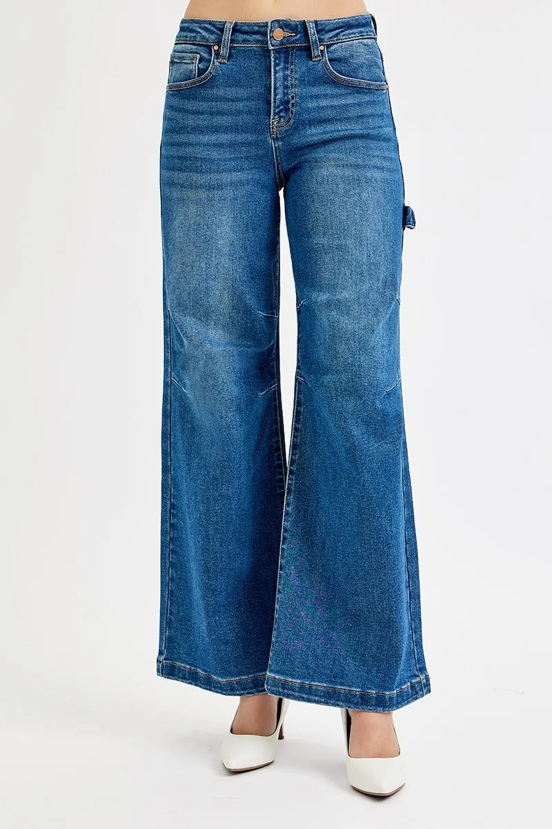 High Rise Patch Detail Wide Jeans -