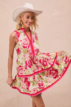 Floral Contrast Tiered Ruffle Mini Dress -