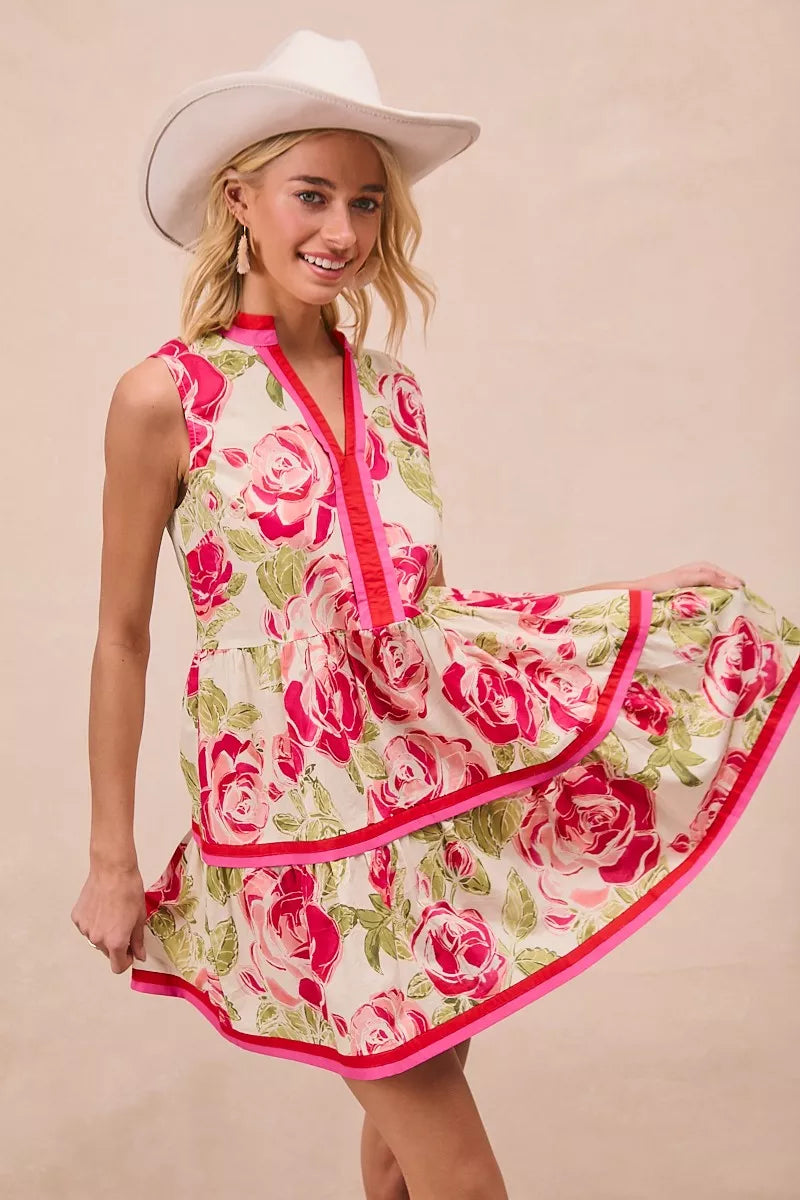 Floral Contrast Tiered Ruffle Mini Dress -