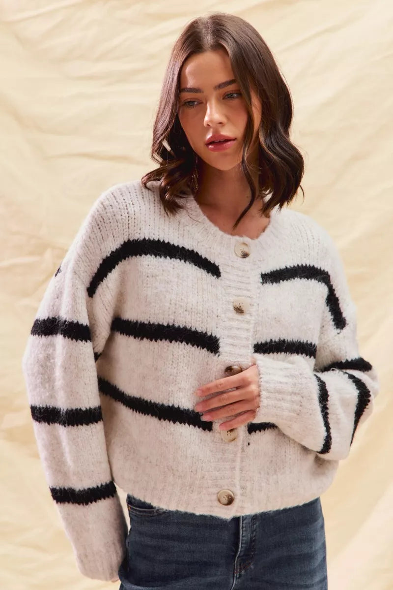 Soft Stripe Button Front Cardigan -
