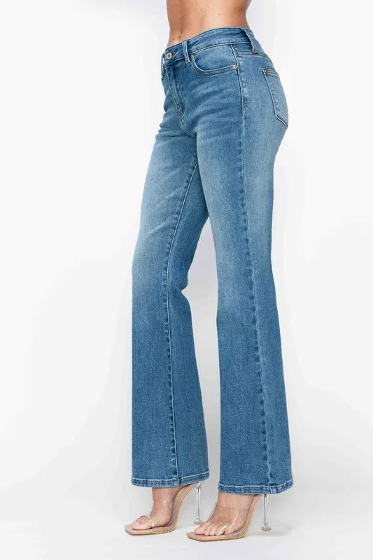 Mid Rise Whisker Wash Bootcut Jeans -