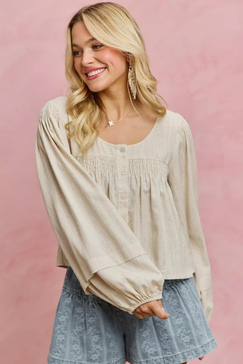 Linen Blend Smocked Sleeve Blouse -