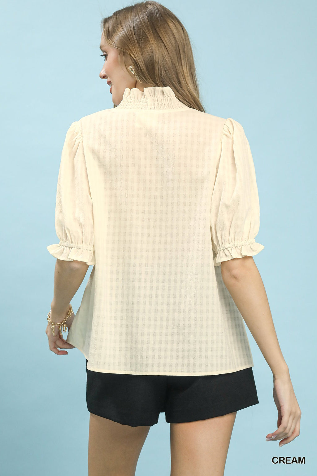 Textured Check Ruffle Neck Blouse -