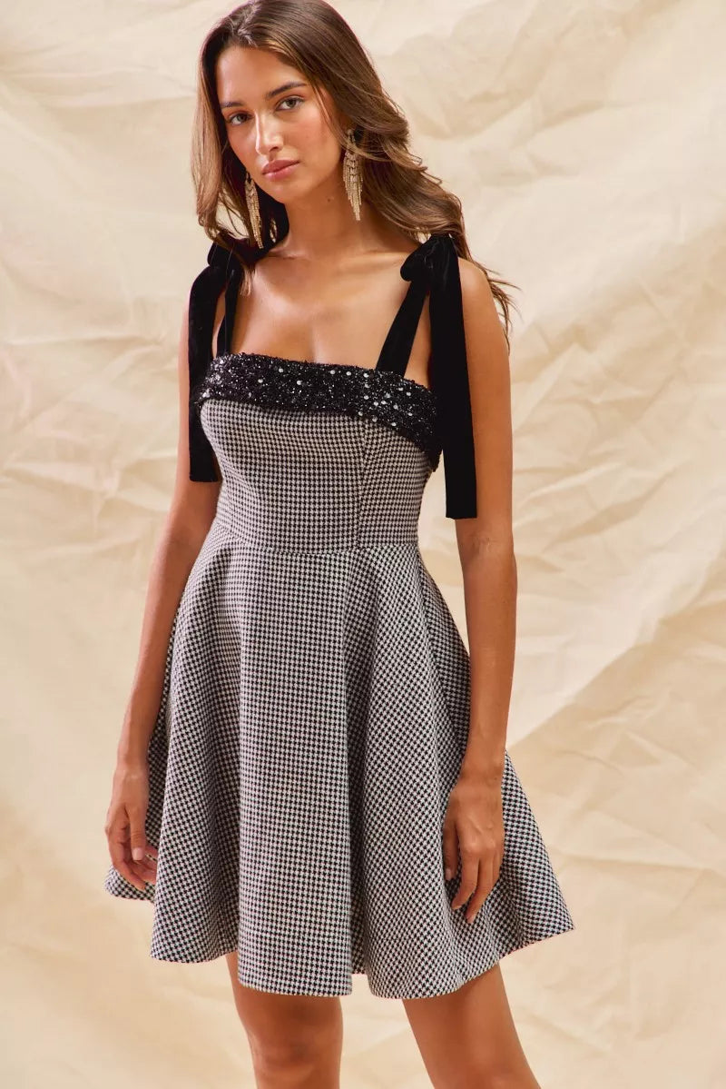 Houndstooth Fit Flare Shoulder Tie Dress -