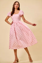 Polka Dot Puff Sleeve Midi Dress -