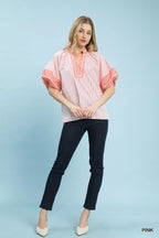 Striped Mixed Puff Sleeve Blouse -