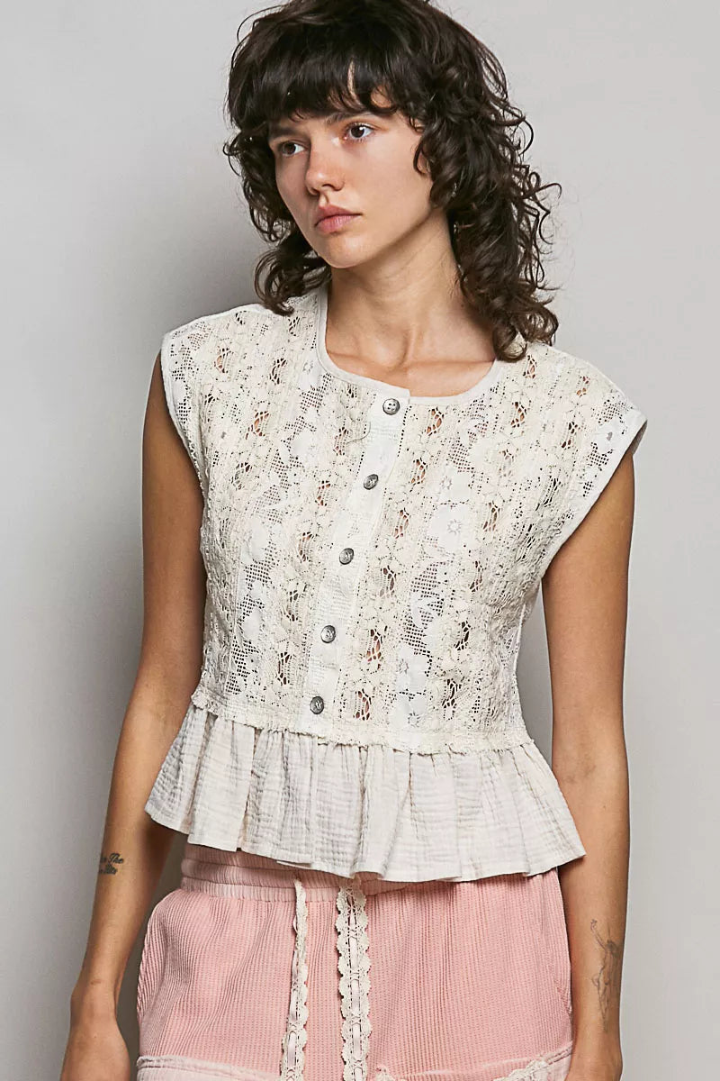 Lace Ruffle Sleeveless Peplum Blouse - NATURAL Main image