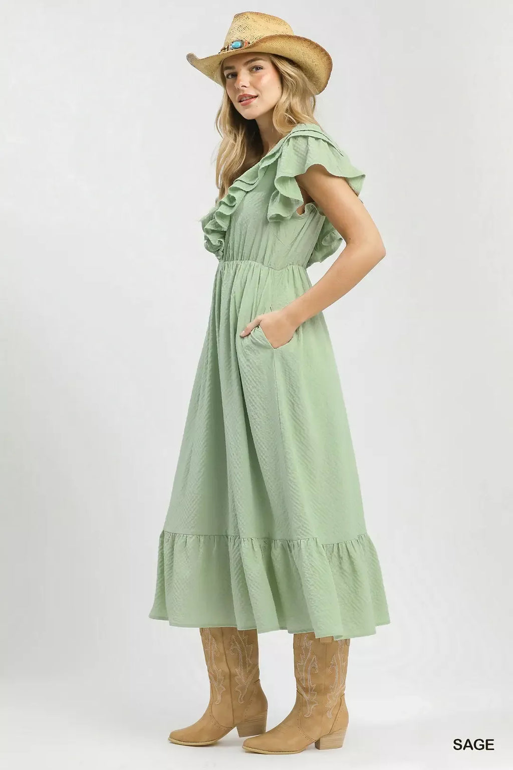Textured Ruffle Sleeve Midi Dress -