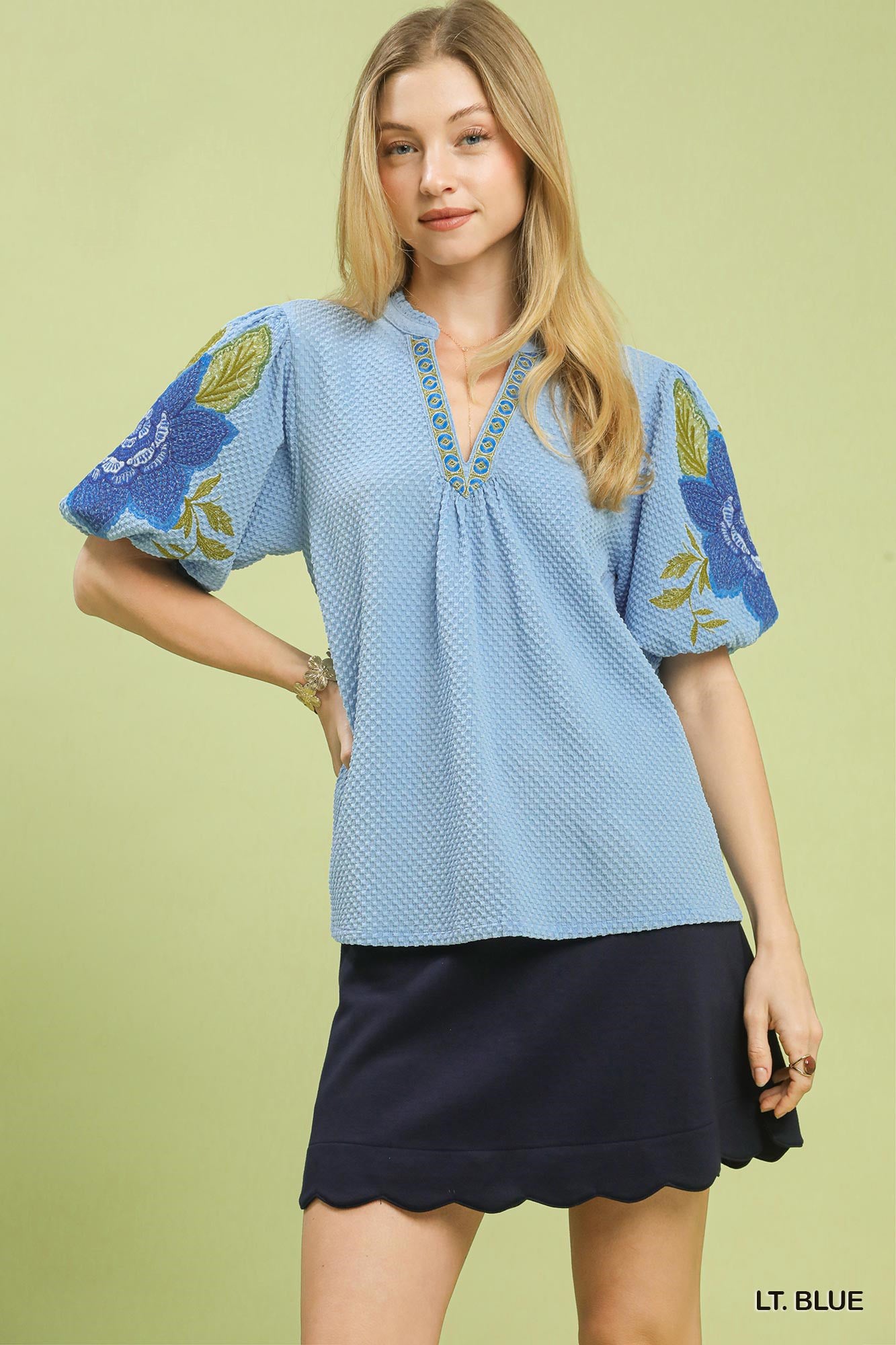 Floral Sleeve Jacquard Blouse - LT. BLUE Main image