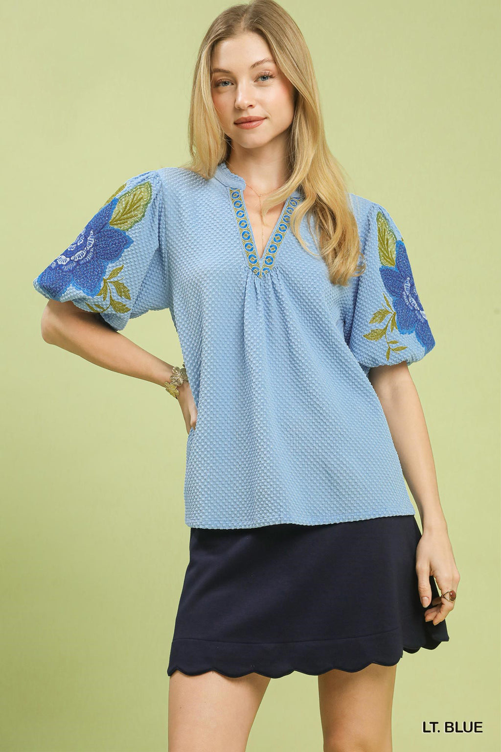 Floral Sleeve Jacquard Blouse - LT. BLUE