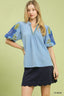 Floral Sleeve Jacquard Blouse - LT. BLUE