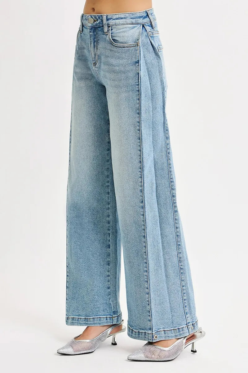 Mid Rise Snap Barrel Wide Jeans -