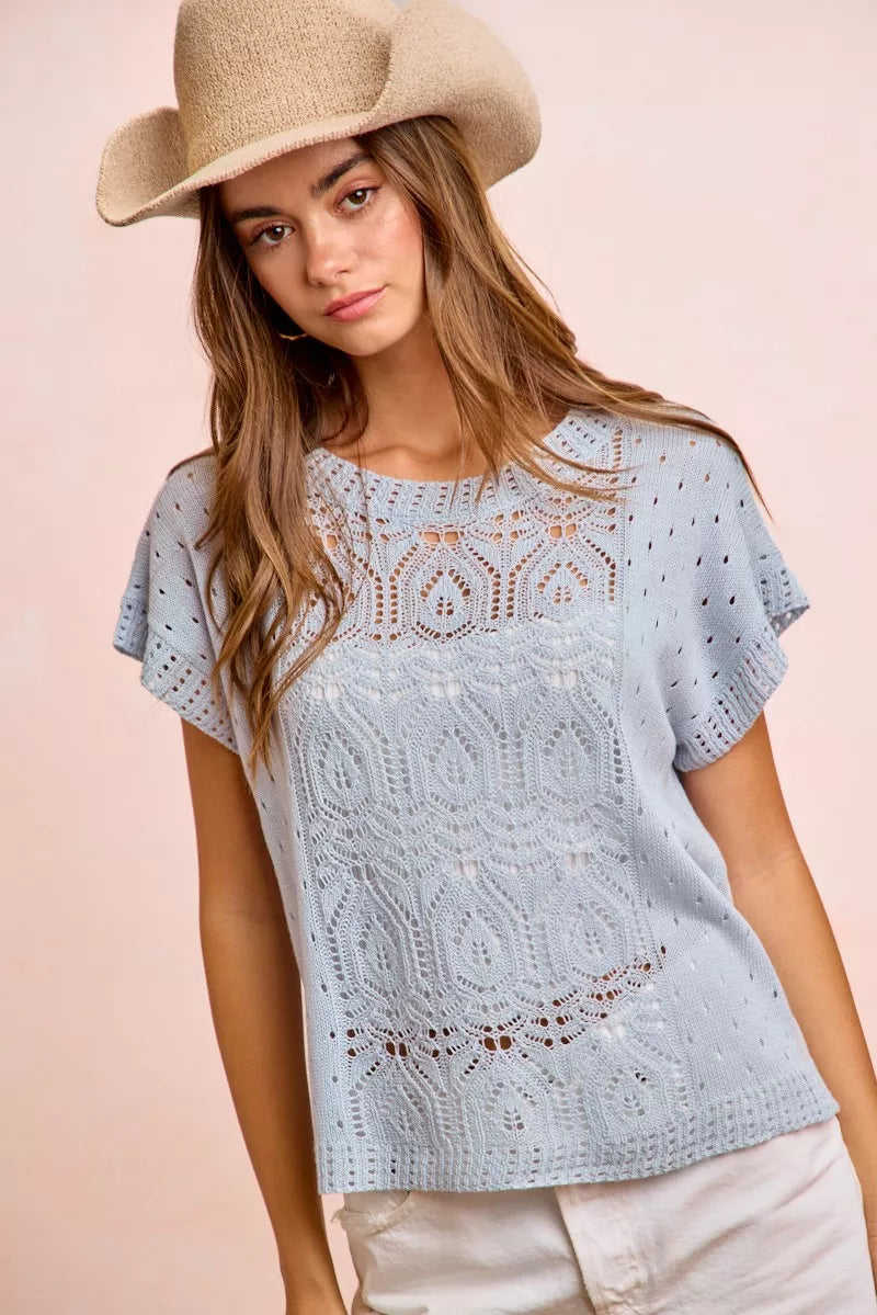 Pointelle Short Sleeve Knit Sweater -