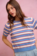 Striped Short Sleeve Knit Sweater -