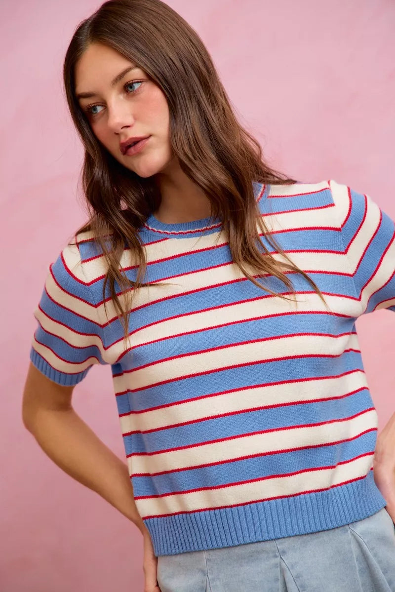 Striped Short Sleeve Knit Sweater -