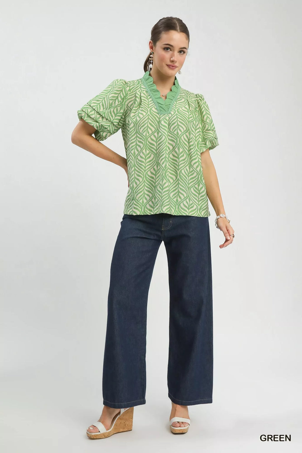 Printed Ruffle Neck Puff Sleeve Top -