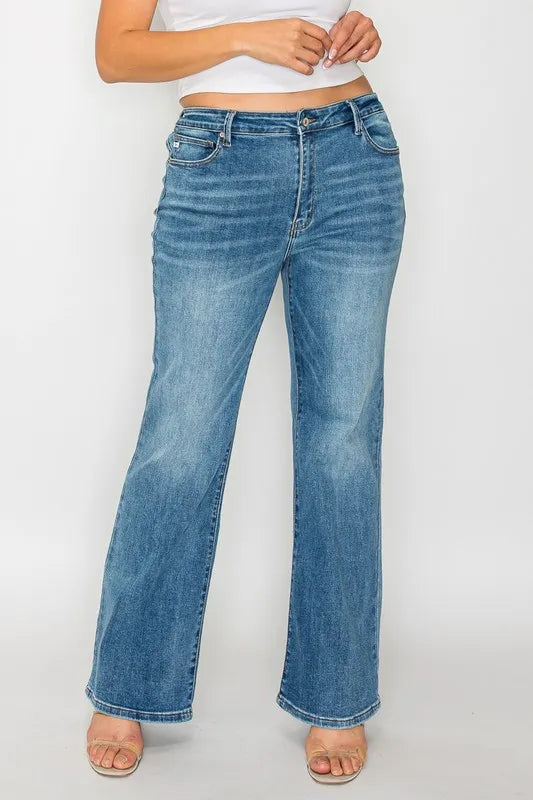 Mid Rise Whisker Wash Bootcut Jeans -