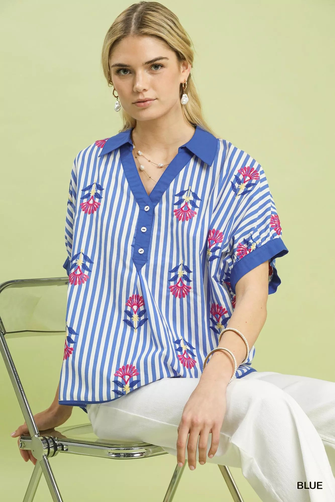 Striped Embroidered Button Front Boho Blouse -