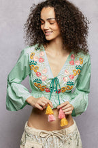 Mint Floral Embroidered Cropped Tie Blouse -