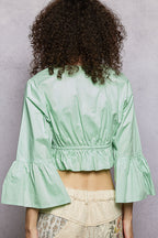 Mint Floral Embroidered Cropped Tie Blouse -
