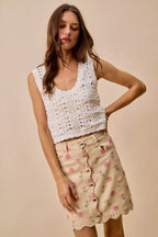 Rose Print Scallop Mini Skirt - IVORY PINK