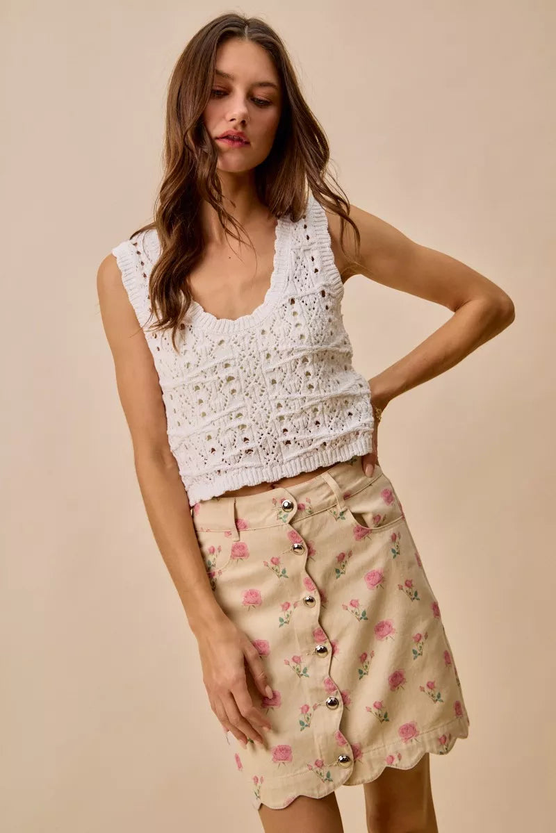 Rose Print Scallop Mini Skirt - IVORY PINK Main image