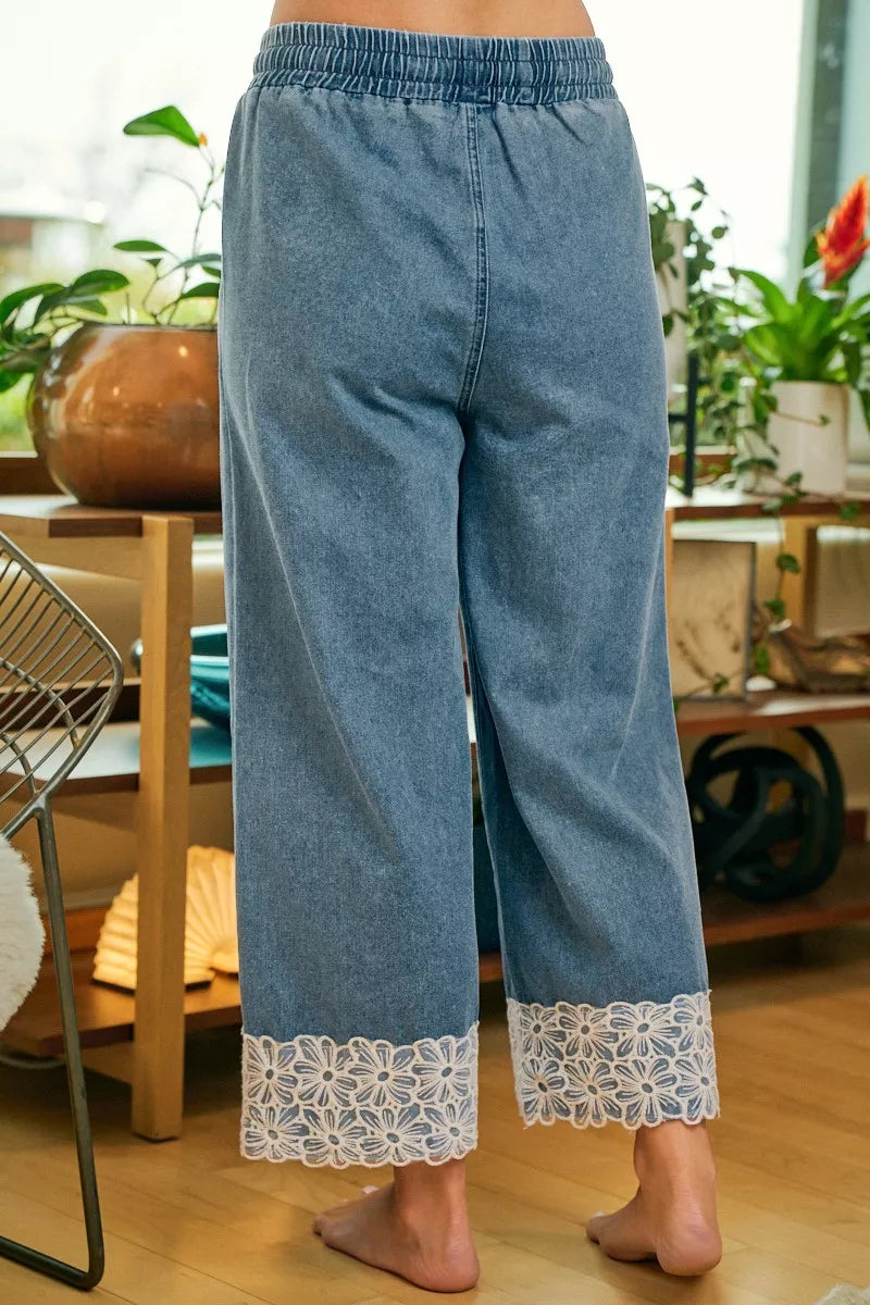 Lace Trim Wide Leg Pants -