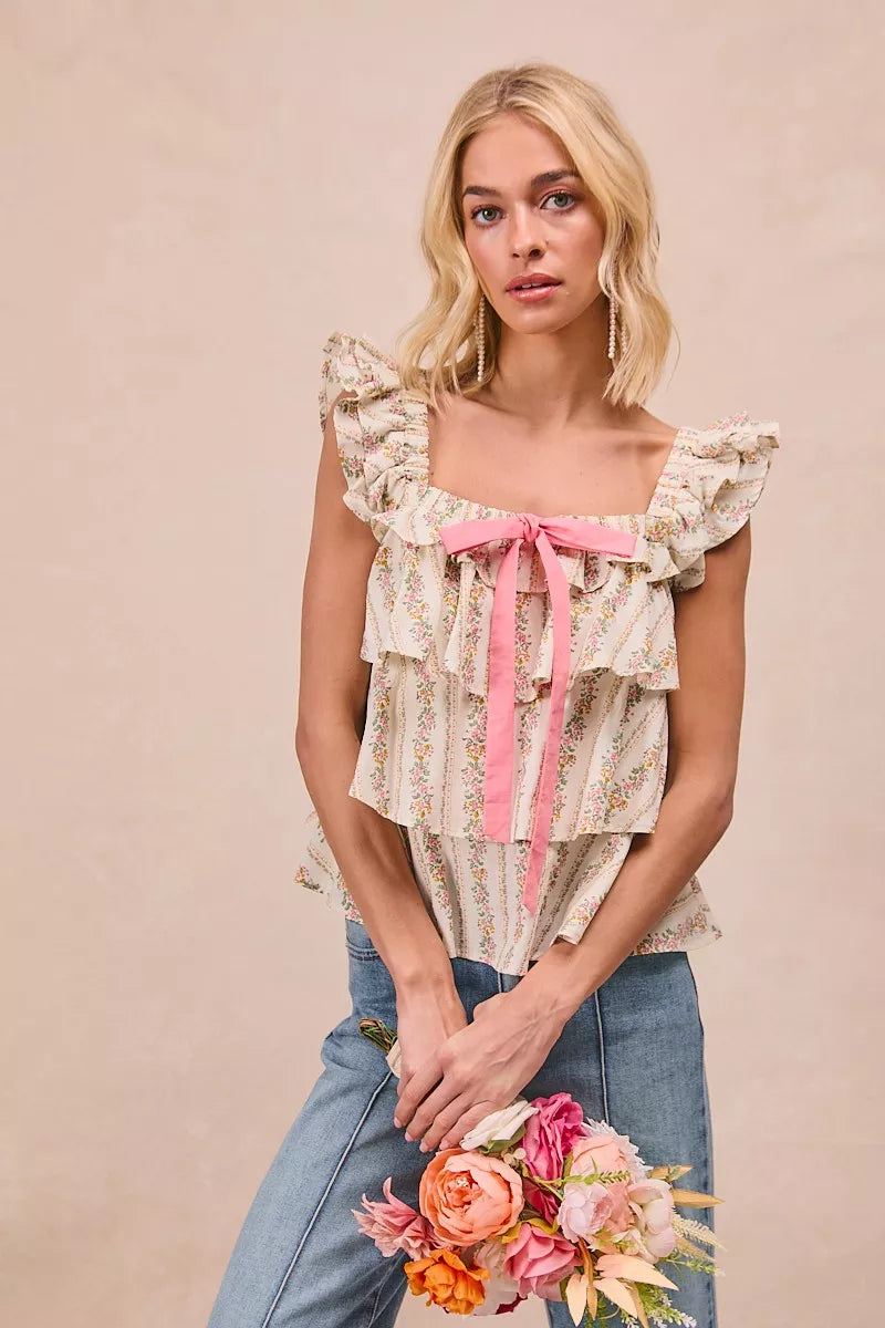 Floral Woven Bow Square Neck Top -