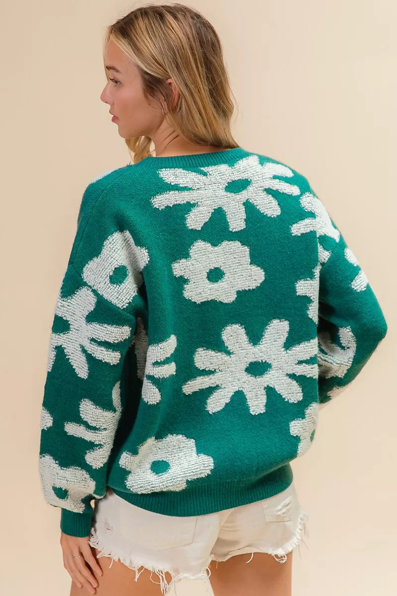 Flower Pattern Long Sleeve Sweater -