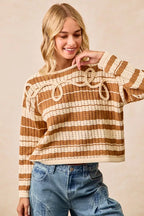 Striped Open Knit Braided Detail Sweater -