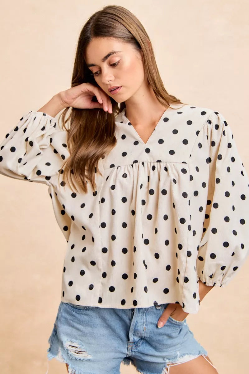 Polka Dot V Neck Blouse -