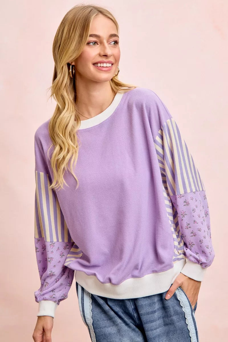 Floral Sleeve Striped Mix Match Sweatshirt -