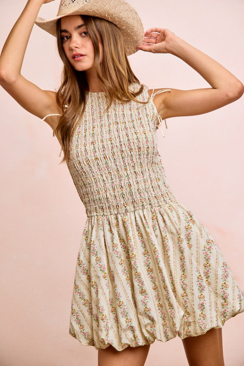 Floral Bow Tie Puff Sleeve Dress -