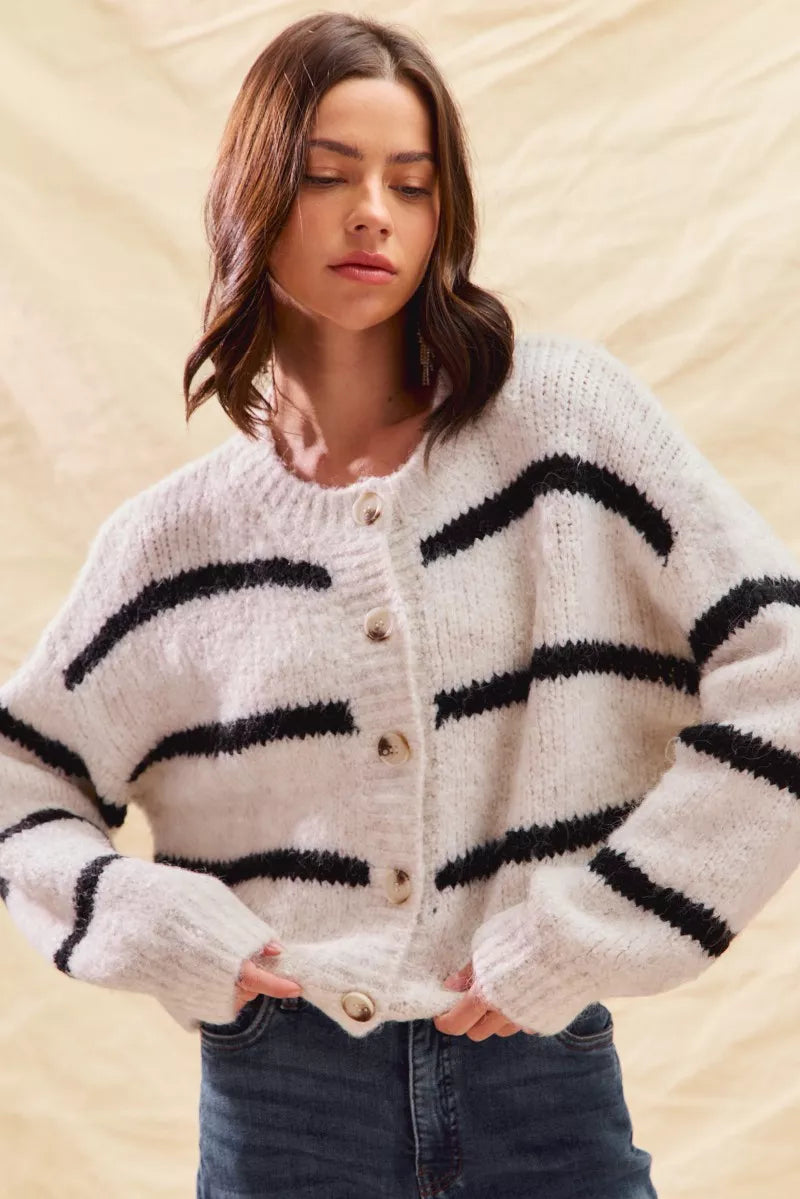 Soft Stripe Button Front Cardigan -